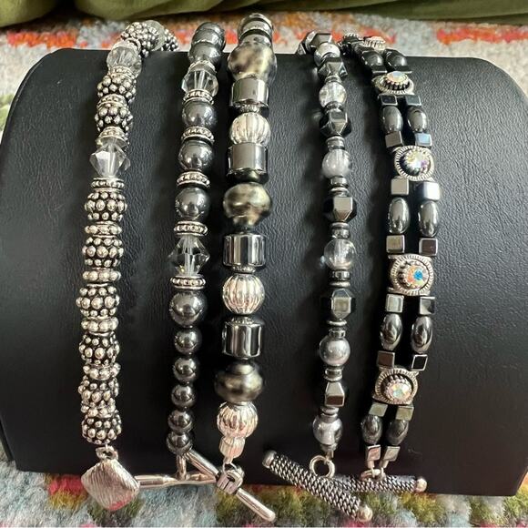 Hematite, Black and Silver Beaded Bracelet 5 piece Stack Set - Picture 3 of 5